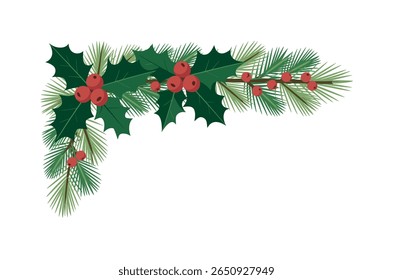 Festive corner design with holly and pine branches