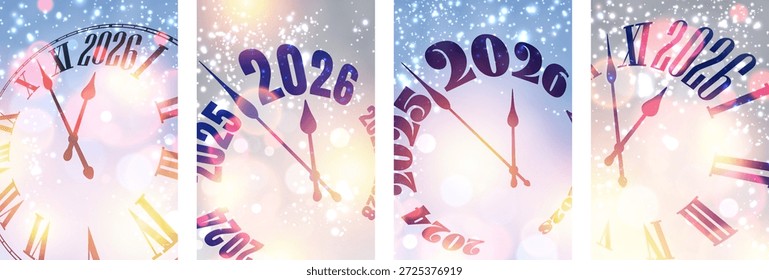 Festive countdown clocks with glowing lights and snow effects celebrate the arrival of 2026, elegant holiday Vector illustration.