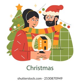 Festive couple embracing the spirit of Christmas with a snow globe and smiles amidst holiday decorations. Vector illustration.