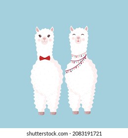 Festive couple of lamas in love on a blue background. Vector illustration for valentines day, holiday, texture, textile, fabric, poster, card, decor. Character design. Romantic couple of alpacas