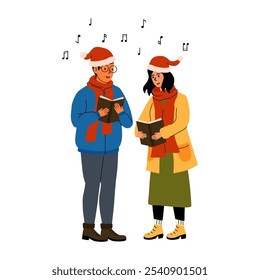 Festive couple singing holiday songs in winter attire with musical notes around them