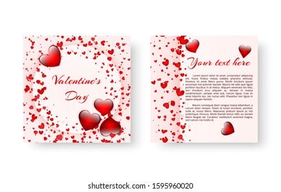 Festive cover of the catalog with soaring red scarlet hearts for St. Valentine's Day
