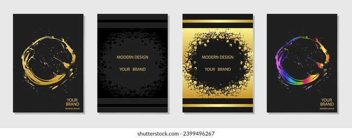 Festive cover design set. Backgrounds, marble gold grunge texture, abstract frame. Geometric relief 3D pattern. Collection of vector vertical templates for creative ideas and creativity.