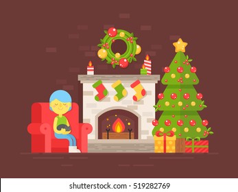 Festive cozy card with Christmas tree, fireplace and character in flat style isolated on dark background for season's greetings and New Year invitations