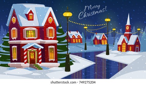 Festive cozy decorated house or cottage. Christmas village or town. Winter night landscape. Merry Christmas and a happy New Year. Cute cartoon style. Vector illustration.