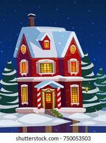 Festive Cozy Decorated House Or Cottage. Winter Night Landscape. Merry Christmas And A Happy New Year. Cute Cartoon Style. Vector Illustration.