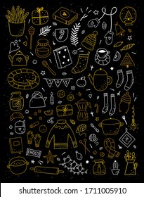 Festive cozy elements and objects. Vector outline Christmas clipart on dark background. Cute hand drawn hygge illustration set