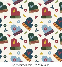 Patrón festivo acogedor, cálido y lindo con manoplas de invierno y Elementos escandinavos geométricos. Diseño de vacaciones de año Nuevo para papel de regalo, Anuncios de temporada y volantes, tela y textiles.
