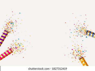 Festive cracker with confetti, glitter, streamer. Holiday background realistic petard flapper surprise. Celebrate decoration object. vector illustration.