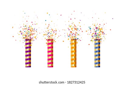 Festive cracker with confetti, glitter, streamer, streamer. Holiday realistic petard flapper surprise. Celebrate decoration object. vector illustration.