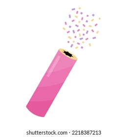 Festive cracker with flying colored confetti on white background