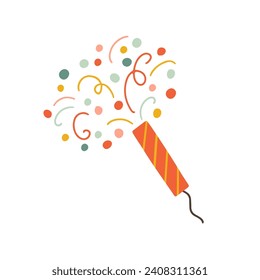 Festive cracker made of confetti. Cute vector illustration in simple hand drawn modern style. Pastel palette. Isolate on a white background