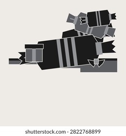 Festive cracker row drawn as 6 overlapping paper items of different sizes resting on a cloth covered table in mono ink colours, a flat geometric illustration for celebration and dining layouts.