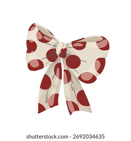 Festive cream and red polka dot ribbon bow. Hand drawn vector isolated Christmas element in vintage style.