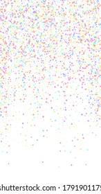 Festive creative confetti. Celebration stars. Colorful stars small on white background. Gorgeous festive overlay template. Vertical vector background.