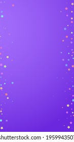 Festive creative confetti. Celebration stars. Colorful stars random on violet background. Fine festive overlay template. Vertical vector background.
