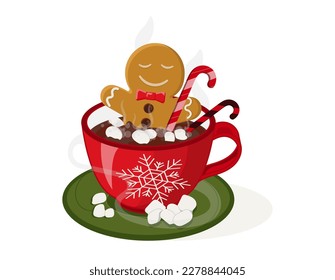 Festive cup with cookies. Red mug with gingerbread man with marshmallows in hot drink, coffee or tea. Symbol of Christmas and New Year. Cartoon flat vector illustrations isolated on white background