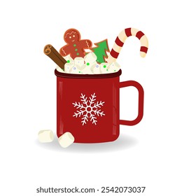 Festive cup with cookies. Red mug with gingerbread man with marshmallows in hot drink, coffee or tea. Symbol of Christmas and New Year. Cartoon flat