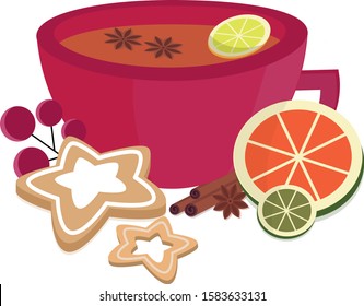 festive cup of  hot spicy tea with cookies and herbs