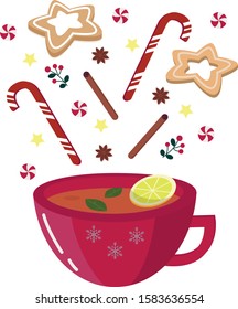 festive cup of hot spicy tea with lemon and candies and ginger cookies