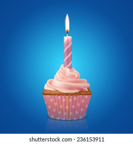 Festive Cupcake With Burning Candle, Realistic Vector Illustration