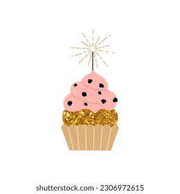 Festive cupcake with candle. Birtday, wedding or anniversary. Elegant vector illustration in trendy minimalist style