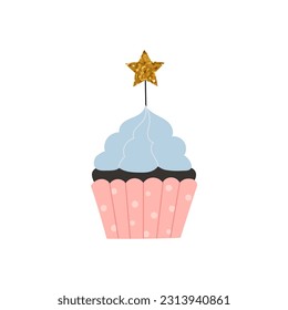 Festive cupcake with candle. Birtday, wedding or anniversary. Elegant vector illustration in trendy minimalist style