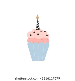 Festive cupcake with candle. Birtday, wedding or anniversary. Elegant vector illustration in trendy minimalist style