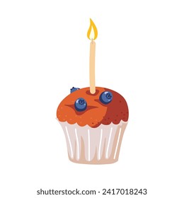 Festive cupcake with candle. Birthday greeting card. Berry cupcake cartoon flat vector illustration. Muffin dessert. Festive background with cupcake with blueberry and candle
