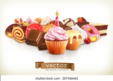 Festive cupcake with candle, confectionery vector illustration