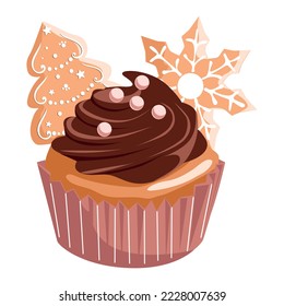 Festive cupcake with chocolate and ginger cookies on a white background. Vector illustration isolated for a holiday, postcard and print