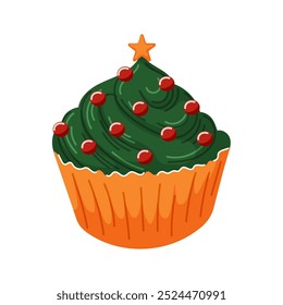 Festive cupcake decorated like a Christmas tree with green frosting, red ball and a star on top. Perfect for holiday themed design, card, and bakery promotions. Cartoon style.