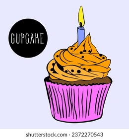 festive cupcake is decorated with whipped pumpkin cream, sprinkles and burning candle. Delicious sweet pastries.