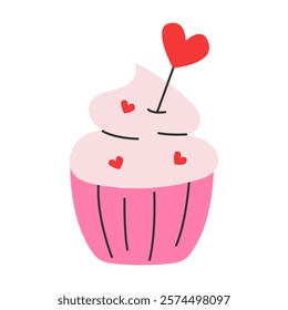 Festive cupcake with heart. Sweet dessert for Valentine's Day. Vector illustration.