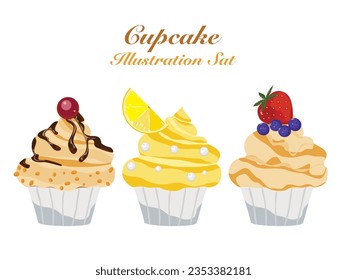 Festive Cupcake Icon Set cute dessert food Homemade Party Muffins with Nuts, Lemons, and Strawberries Blueberries and chocolate Flat dessert vector illustration. isolated on a white background.