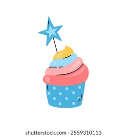 Festive cupcake isolated cute colorful vector illustration. Sweet treat with star decoration and multicolored cream. Cupcake for birthday party, kids events, holidays.