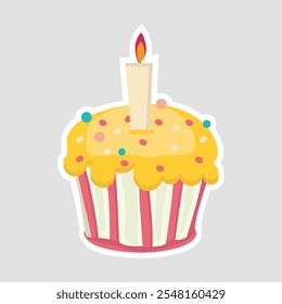 Festive Cupcake with Lit Candle and Colorful Sprinkles - Birthday Celebration Icon