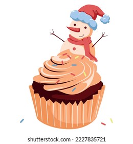 Festive cupcake with orange cream and a snowman on a white background. Vector illustration isolated for a holiday, postcard and print