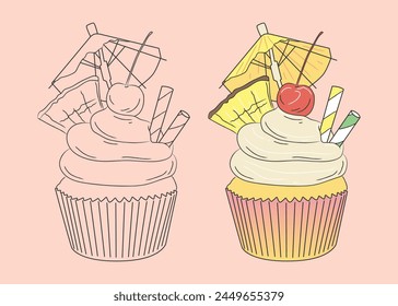 Festive cupcake with a slice of pineapple, cherry and umbrella on top. vector isolated dessert image