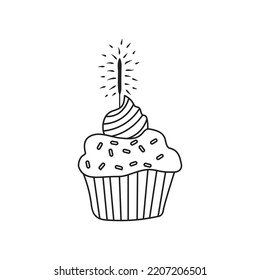 Festive cupcake with sparkler isolated on white background. Vector hand-drawn illustration in doodle style. Perfect for cards, logo, invitations, decorations, birthday designs.