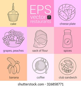 festive cupcake sprinkles burning candle, sliced cheese plate, fruit basket grapes peaches, bag flour, jar spices, opened banana, cup coffee , club sandwich garnish. vector icons contour outline set