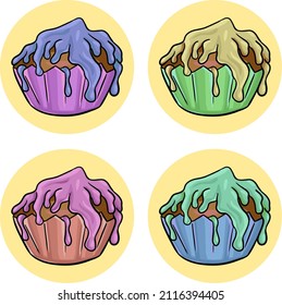 Festive cupcakes with multicolored fruit glaze, on a round yellow background. Vector illustration for postcards, badge, logo and stickers, design element
