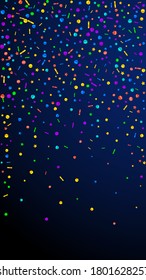 Festive curious confetti. Celebration stars. Festive confetti on dark blue background. Gorgeous festive overlay template. Vertical vector background.