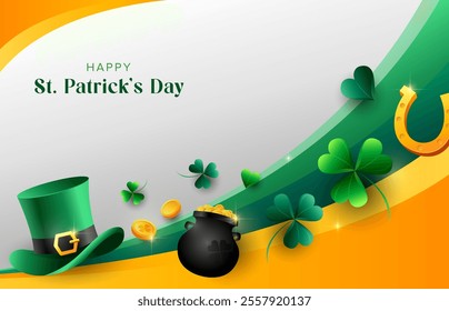 Festive curve background design for Saint Patrick’s Day with leprechauns green hat, pot of money, gold coins and shamrock leaves. Vector illustration template.