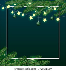 Festive cute Christmas background with fir branches, glowing garland lights, decorated with green balls. Merry Christmas and New Year card template. Traditional winter season holiday Greeting Card.