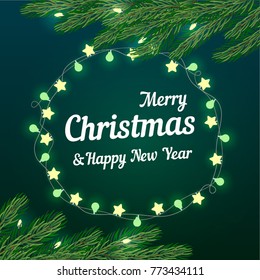 Festive cute Christmas background with fir branches, glowing garland lights, decorated with green balls. Merry Christmas and New Year card template. Traditional winter season holiday Greeting Card.