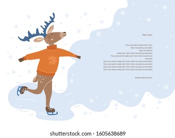 Festive cute deer ice skating on a white background. Place for text.