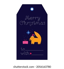 El lindo zorro festivo con árbol de navidad y regalos en el fondo de nieve de la noche. Feliz Navidad, etiqueta de la etiqueta de regalo de la plantilla de Año Nuevo Feliz. Arte vectorial
