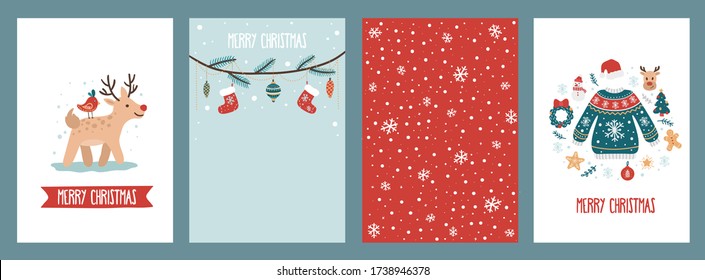 Festive cute merry christmas greeting cards set vector illustration. Snowflakes deer and bird and xmas elements cartoon design. Winter holidays concept