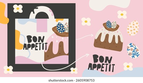 Festive cute packaging for Easter cake or sweet. Package template. Paper bag design for bakery food. Spring vector elements, Easter cake, egg, daisies